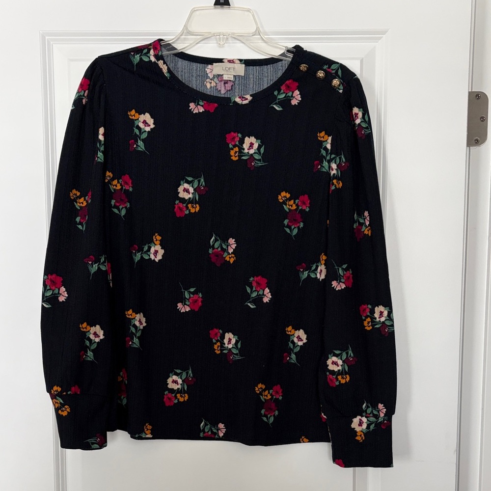 LOFT Dark Blouse with Vibrant Floral Pattern
